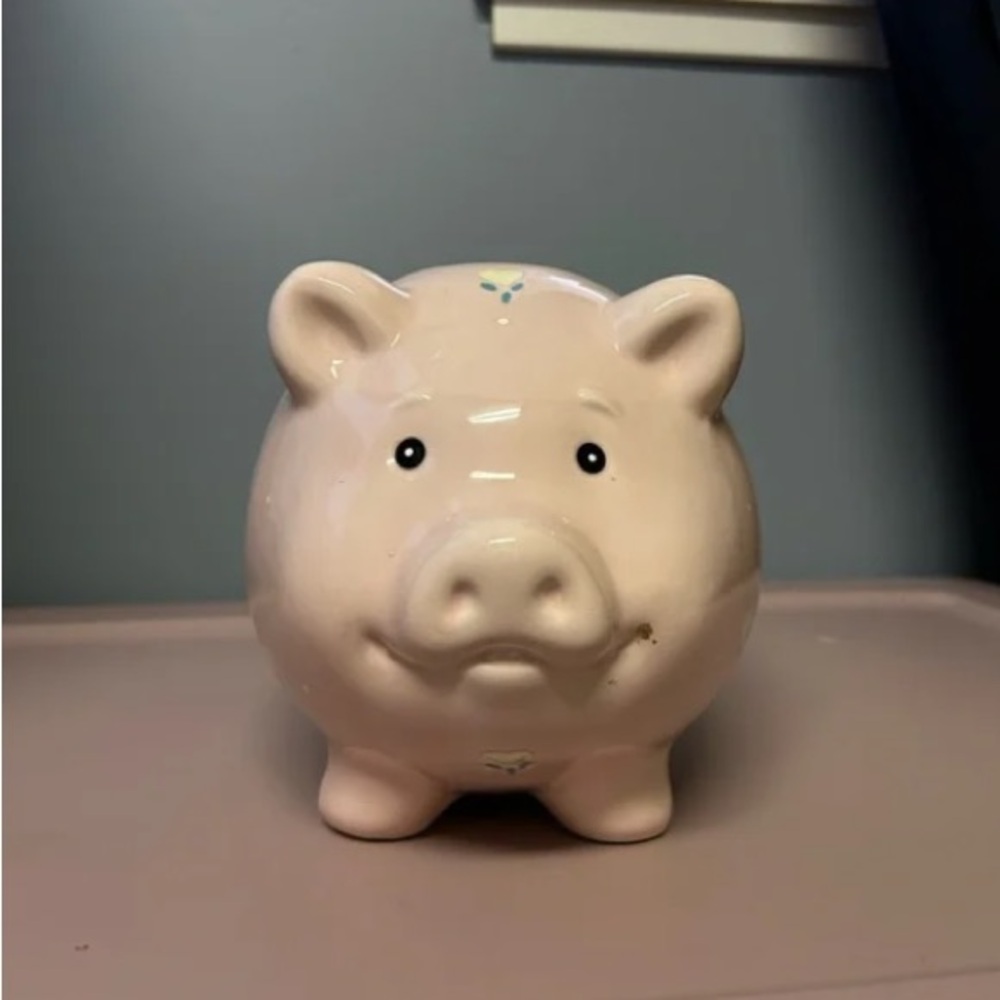 Russ Pink Piggy Bank with Yellow and Blue Hearts